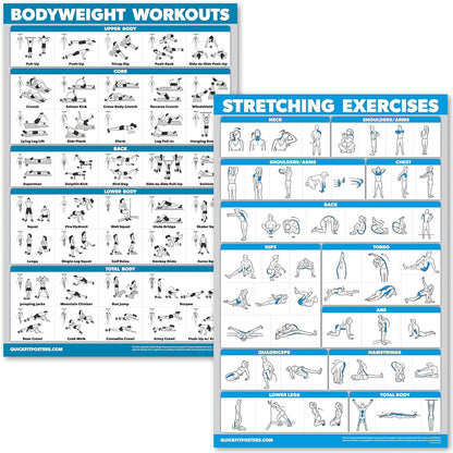 Bodyweight Workouts and Stretching Exercise Poster Laminated 2 Chart Set Body