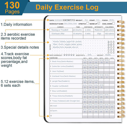 Undated Fitness Workout Journal for Men & Women, A5(8.5" X 6.7") Fitness Journal Workout Planner, Workout Log Book Planner for Tracking, Motivating, and Achieving Your Fitness Goals - Black