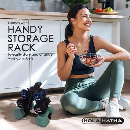 Holahatha 5, 10, and 15 LB Neoprene Dumbbell Free Hand Weight Set W/ Rack, Multi